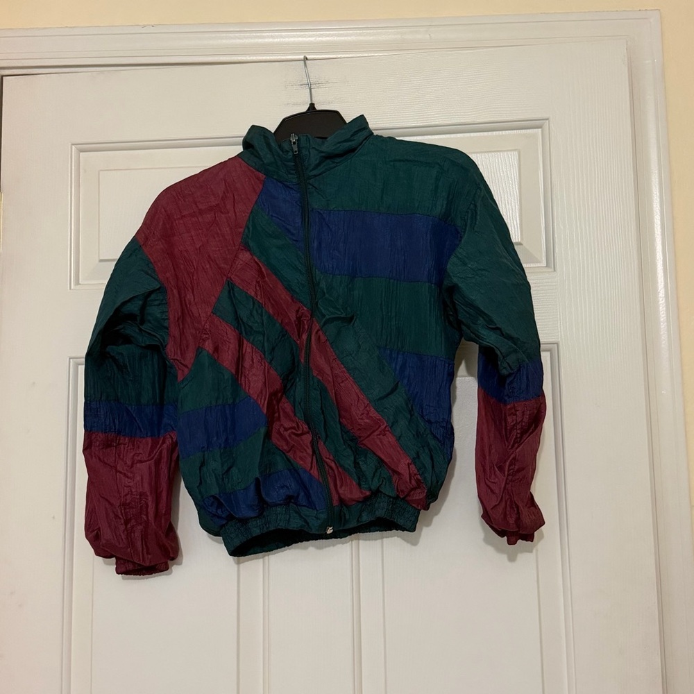 Vintage Kids Colorblock Windbreaker Jacket Green Navy Burgundy Large 12 14 16